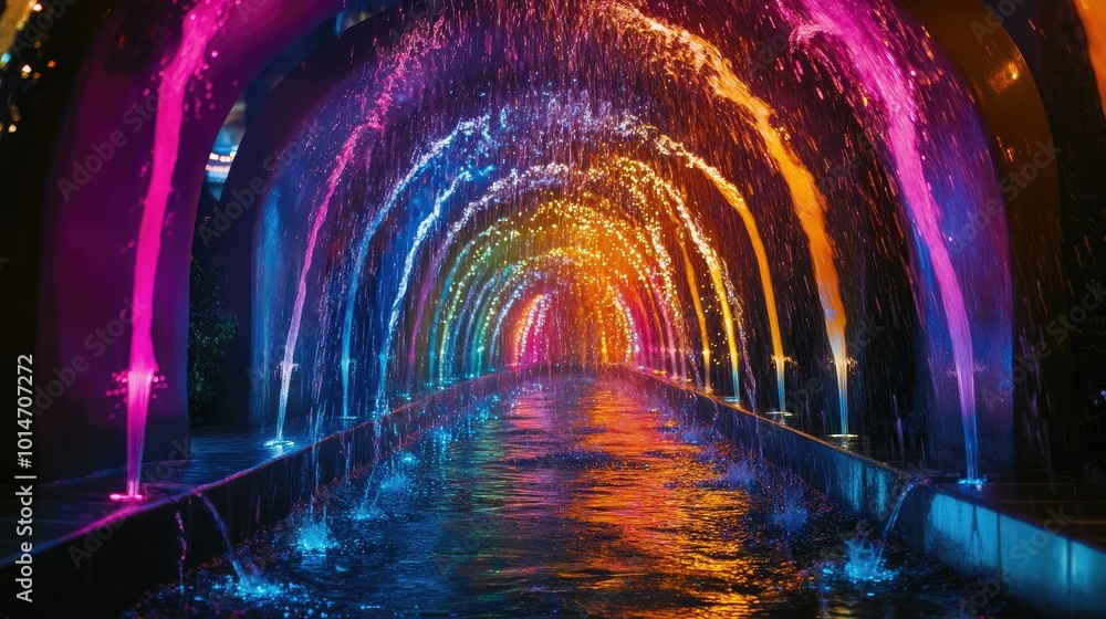 Obraz premium Colorful water fountain tunnel sparkling in the night, with streams of water illuminated by vibrant lights, creating a breathtaking display