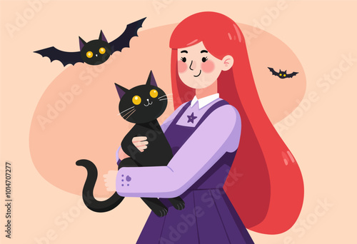 Girl with Black Cat and Bats for Halloween