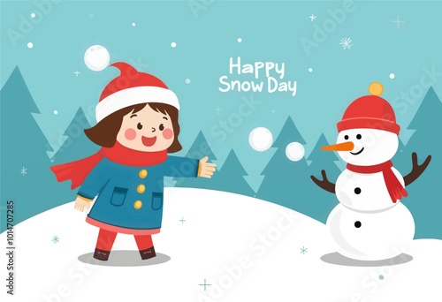 Girl Throwing Snowballs at Snowman in Winter Wonderland