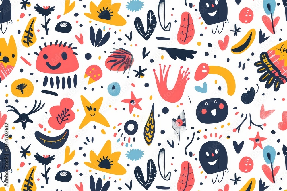 Whimsical cartoon pattern with colorful hand-drawn elements. Whimsical cartoon pattern with colorful hand-drawn elements.