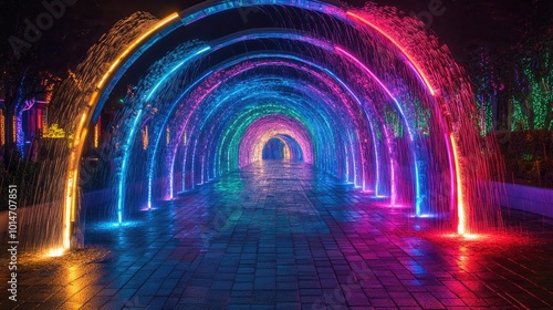 A beautiful arching tunnel of water fountains, illuminated by vibrant colors at night, with glowing streams of water creating a magical sight