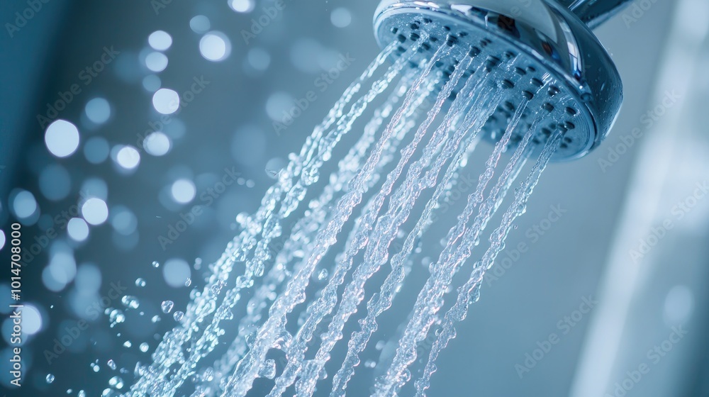 A beautiful close-up of water droplets flowing from a handheld shower, highlighting the clarity and freshness of the water stream A beautiful close-up of water droplets flowing from a handheld shower, highlighting the clarity and freshness of the water stream