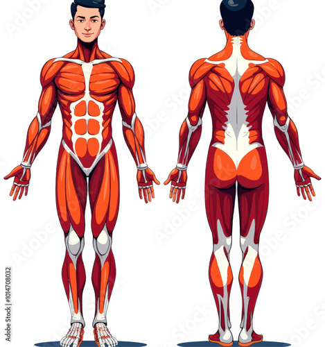 Human Muscle Anatomy Illustration - Front and Back View 
