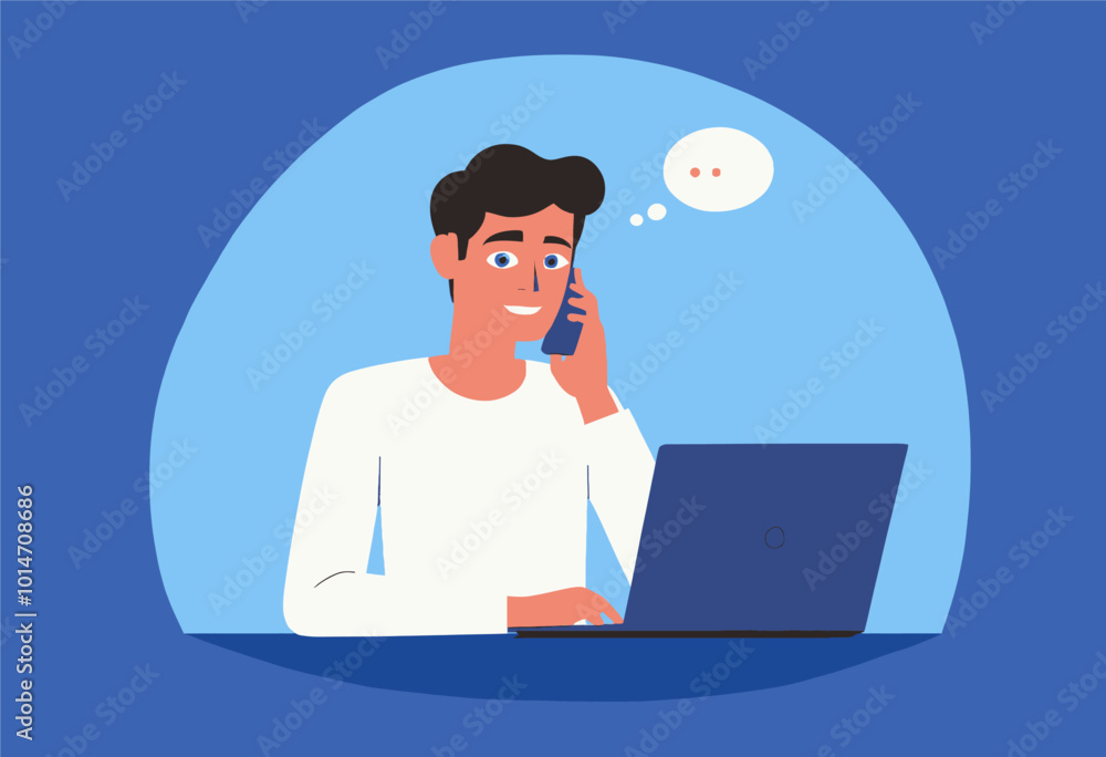 Man Talking on Phone, Working on Laptop Man Talking on Phone, Working on Laptop