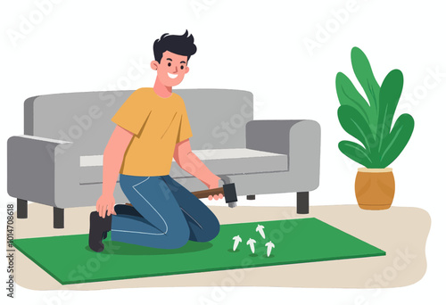 Man hammering furniture legs on a rug