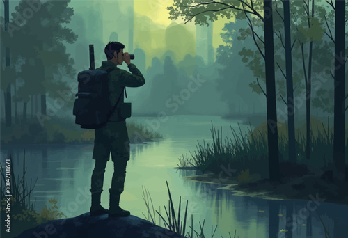 Man in Forest with Binoculars 
