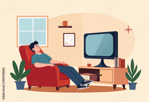 Man Relaxing in Armchair Watching TV 
