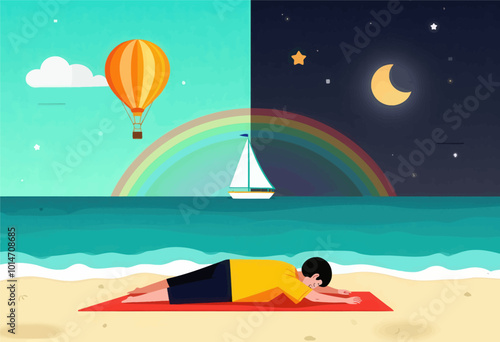 Man Relaxing on Beach with Day and Night Sky 
