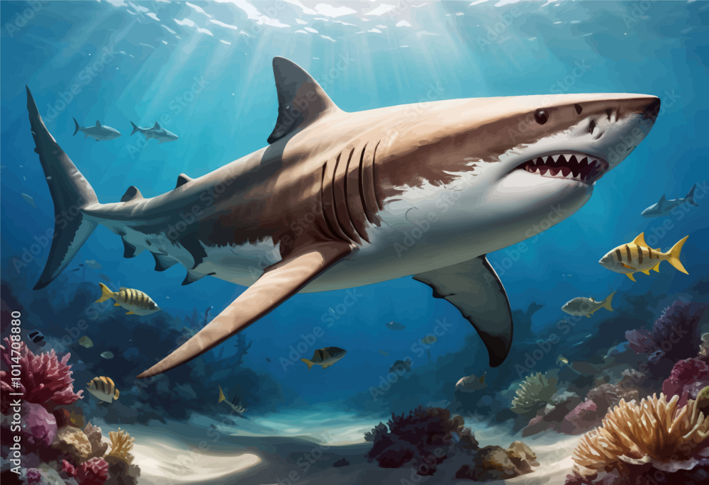 Fototapeta premium Megalodon Shark Swimming in Colorful Coral Reef with Schools of Fish