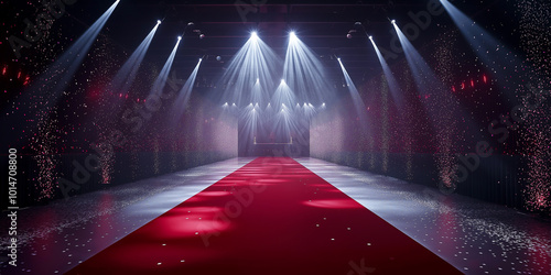 Grand red carpet runway illuminated by shimmering lights and confetti. Luxurious event stage with spotlights and glamorous atmosphere for a special occasion