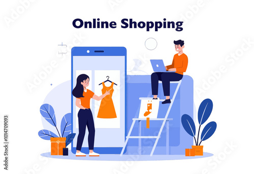 Online Shopping Scene: Woman Browsing Dress, Man on Laptop