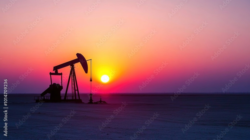 Silhouetted oil pumps extract energy as the sun sets, casting vibrant colors across the expansive oil field landscape Silhouetted oil pumps extract energy as the sun sets, casting vibrant colors across the expansive oil field landscape