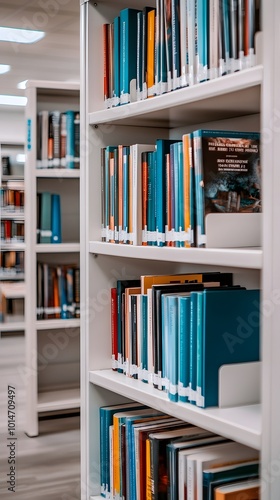 A photo of shelves in the library with books, books on white bookshelves and blue stripes
