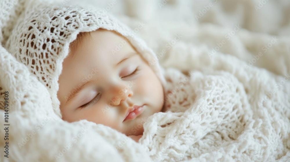 A serene newborn peacefully naps wrapped in a cozy, soft blanket, radiating innocence and tranquility A serene newborn peacefully naps wrapped in a cozy, soft blanket, radiating innocence and tranquility