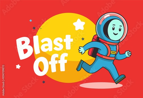 A cute cartoon astronaut in a blue spacesuit, running to the right, with a big happy smile
