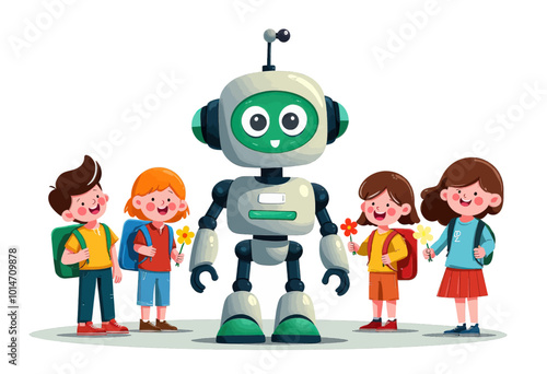 Robot and Children with Flowers 
