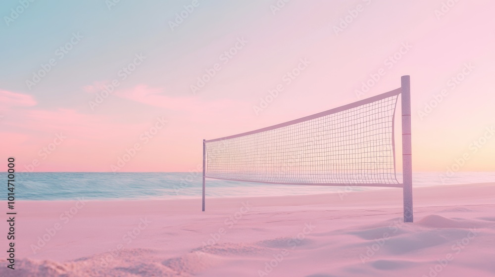 Minimalist Volleyball Net on Sandy Beach, soft pastel tones, serene atmosphere, inviting summer vibes, simple elegance in coastal setting Minimalist Volleyball Net on Sandy Beach, soft pastel tones, serene atmosphere, inviting summer vibes, simple elegance in coastal setting
