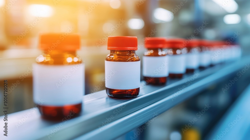 Vials containing pharmaceutical products are being processed on a production line in a factory, highlighting manufacturing efficiency Vials containing pharmaceutical products are being processed on a production line in a factory, highlighting manufacturing efficiency