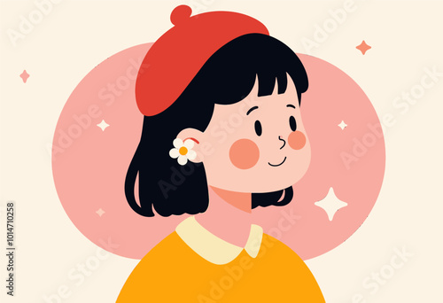 Smiling Girl with Beret and Flower Earring 
