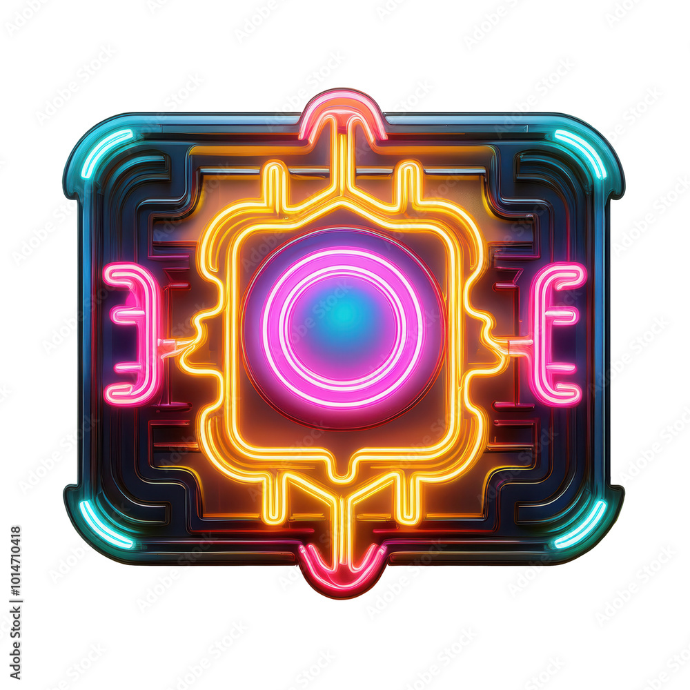 Obraz premium Bright neon sign with vibrant colors and geometric design, isolated on a white background, transparent background.
