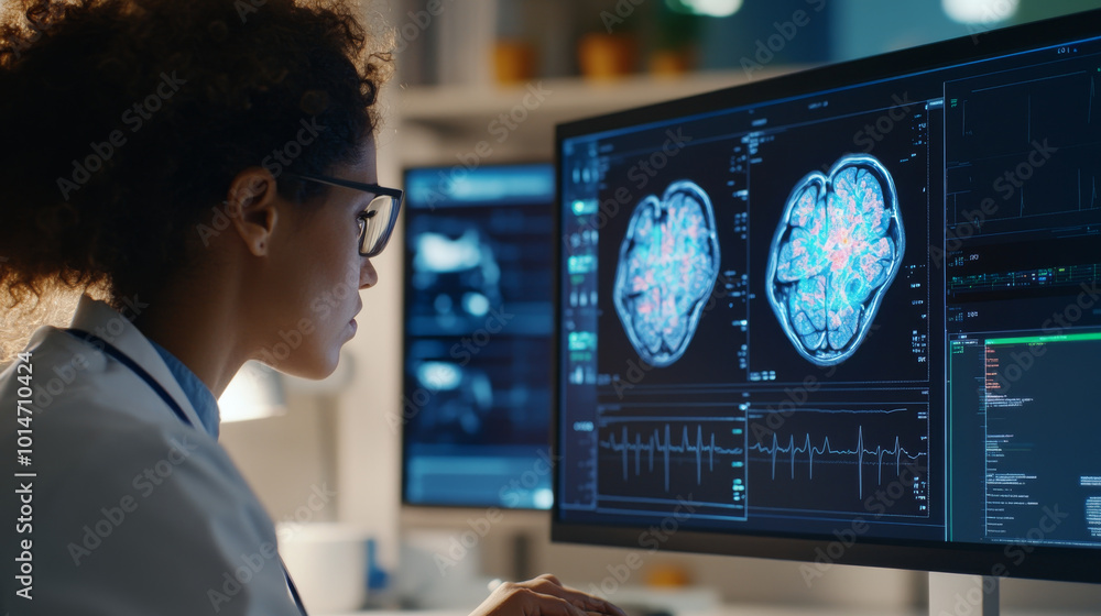 A healthcare professional analyzes brain scans on computer screen, showcasing advanced medical technology and dedication to patient care. environment reflects modern medical facility A healthcare professional analyzes brain scans on computer screen, showcasing advanced medical technology and dedication to patient care. environment reflects modern medical facility
