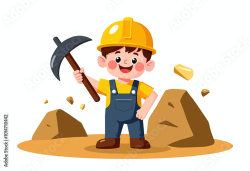 Smiling Miner with Pickaxe and Gold Nugget 
