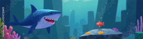 Smiling Shark and Fish in Ocean Scene 
