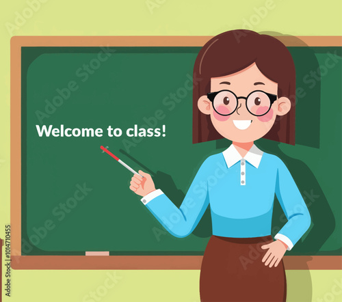 Smiling Teacher at Chalkboard  
