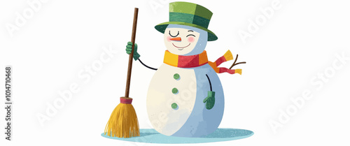 Smiling Snowman with Broom and Hat 
