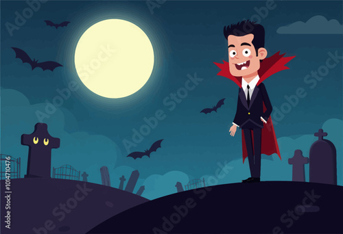 Smiling Vampire in Graveyard on Halloween Night 
