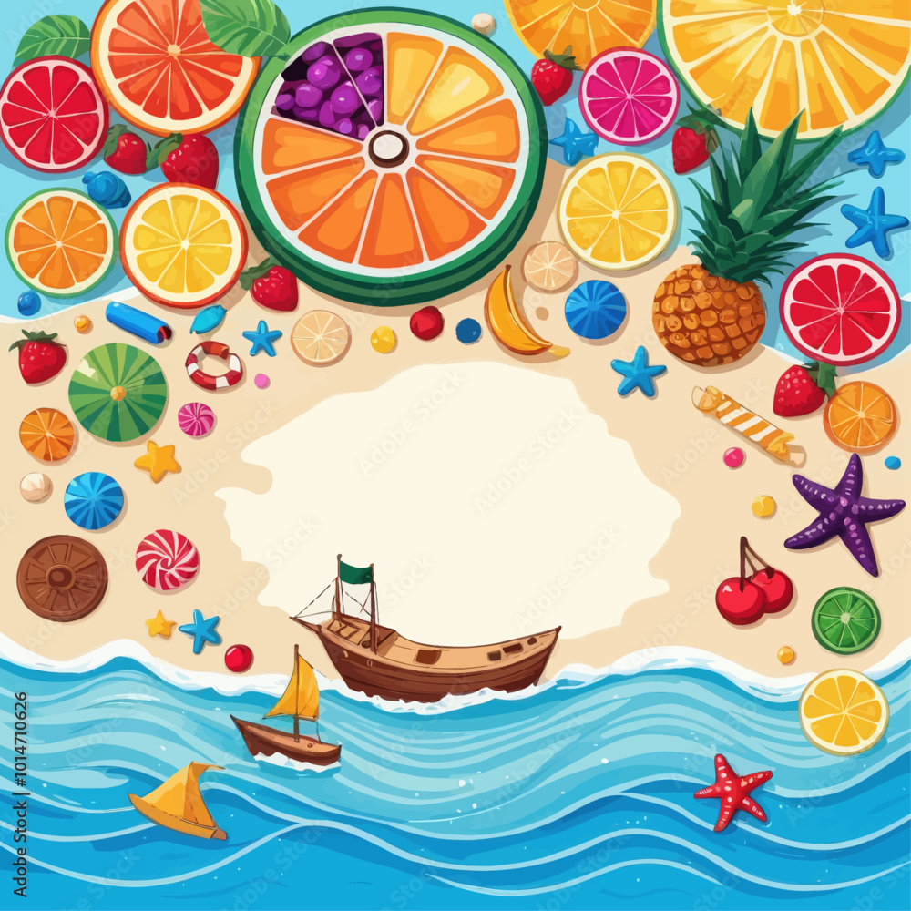 Naklejka premium Summer Beach Scene with Boats and Fruit 