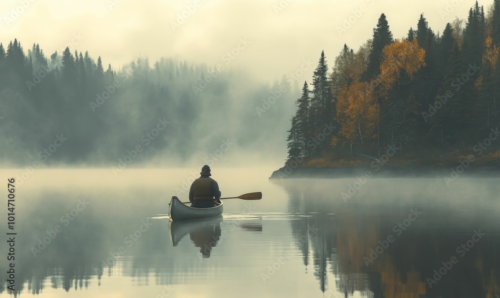 A lone canoeist paddles through misty lake. A lone canoeist paddles through misty lake.