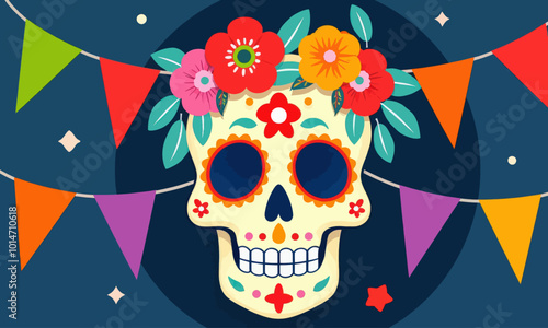 Sugar Skull with Flower Crown and Bunting 
