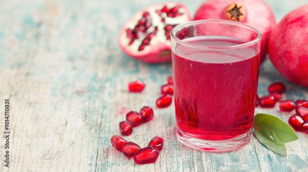 A glass of refreshing pomegranate juice sits beside fresh pomegranates and scattered seeds on a rustic wooden table A glass of refreshing pomegranate juice sits beside fresh pomegranates and scattered seeds on a rustic wooden table