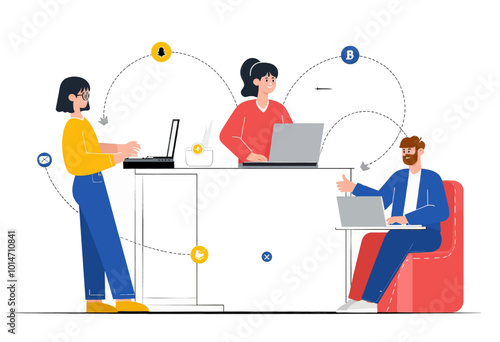 Teamwork with Laptop and Social Media Icons