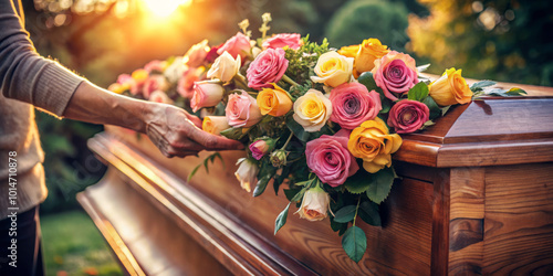 person gently places roses on wooden casket, surrounded by serene outdoor setting. warm sunlight enhances emotional atmosphere, symbolizing love and remembrance photo