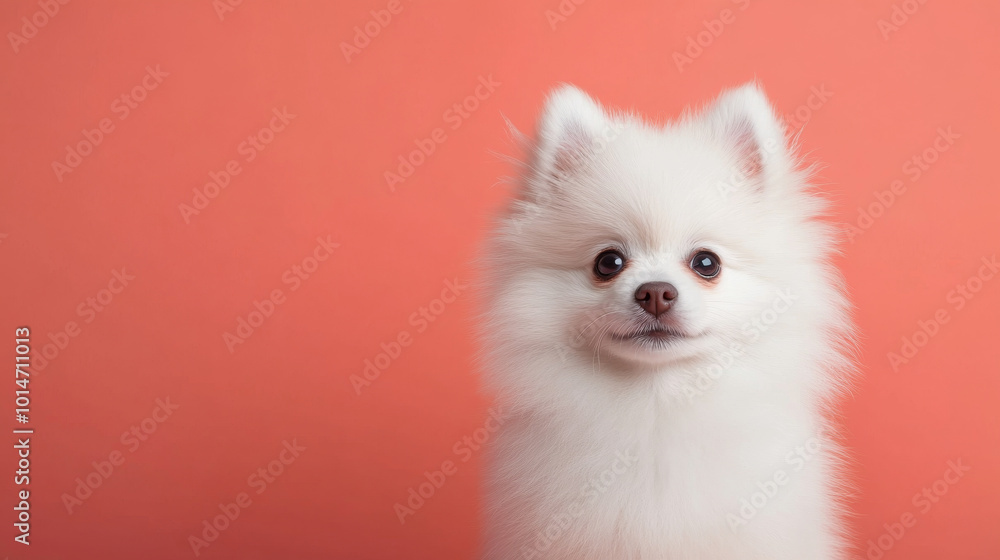 Fluffy white Pomeranian dog with cute expression against coral background, showcasing its playful and friendly nature. This adorable pet is perfect for animal lovers Fluffy white Pomeranian dog with cute expression against coral background, showcasing its playful and friendly nature. This adorable pet is perfect for animal lovers