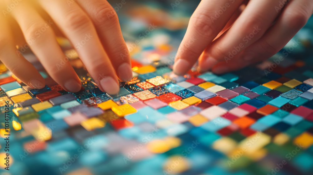 Creating vibrant mosaic involves careful placement of colorful tiles, showcasing creativity and attention to detail. hands delicately arrange pieces, reflecting artistic expression Creating vibrant mosaic involves careful placement of colorful tiles, showcasing creativity and attention to detail. hands delicately arrange pieces, reflecting artistic expression