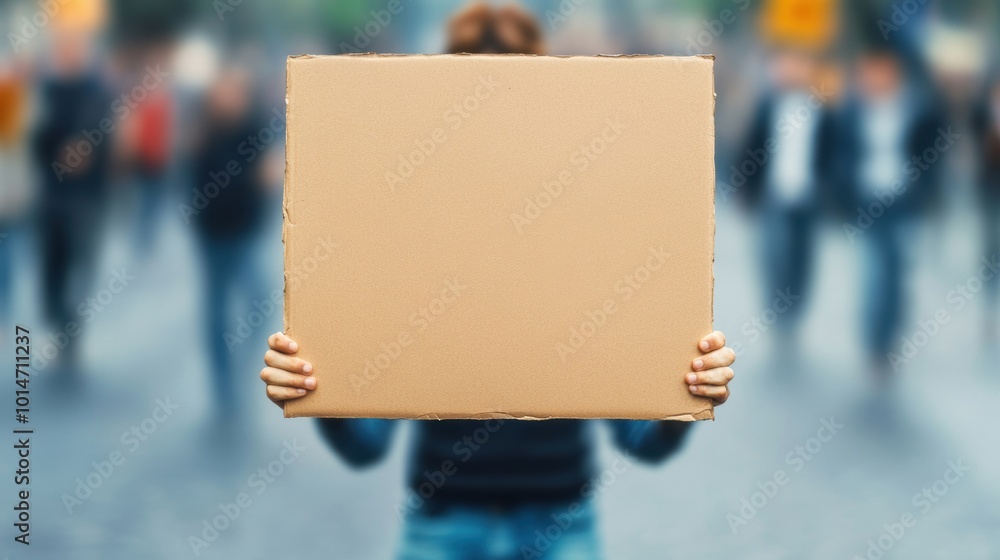 A protester stands in a lively urban location, holding a blank cardboard sign, surrounded by a crowd of fellow demonstrators A protester stands in a lively urban location, holding a blank cardboard sign, surrounded by a crowd of fellow demonstrators