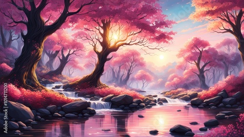 A serene landscape featuring pink trees, a gentle stream, and a warm sunset.
