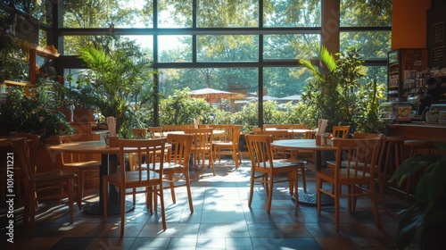 Stylish workspace featuring recycled furniture with large windows and natural sunlight in a greenery-filled setting