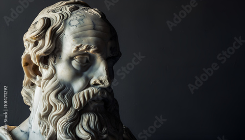 detailed marble sculpture of an old stoic man, possibly representing a roman god, showcasing intricate facial features and a contemplative expression, copy space for text