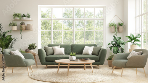 A cozy living room featuring green sofa  two matching armchairs  and round coffee table. space is adorned with various plants  creating fresh and inviting atmosphere