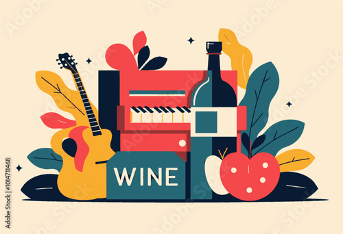 Wine, Guitar, Piano, Apple,  Leaves  Illustration 
