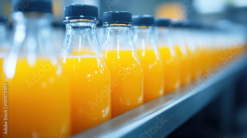 Workers conduct quality control checks on orange juice bottles in a beverage factory, ensuring product standards are met