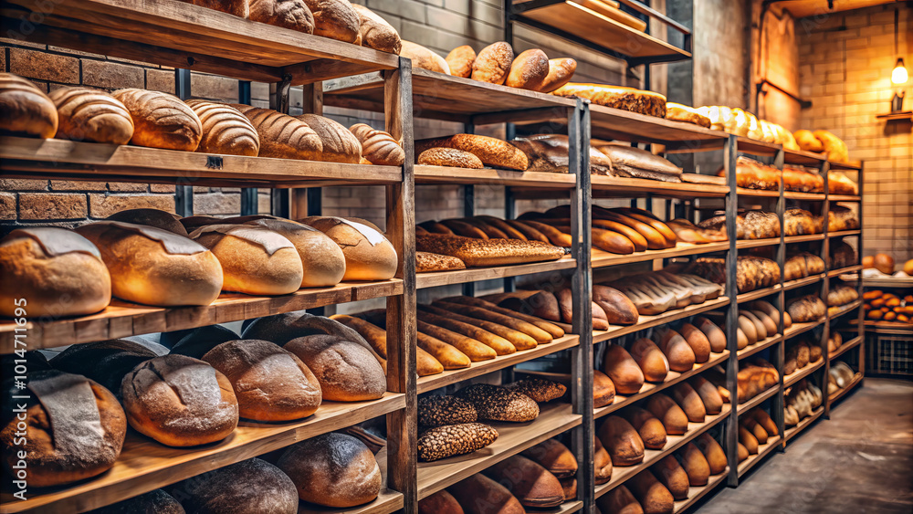 Freshly baked bread on wooden shelves in bakery, showcasing variety of loaves and rolls. warm tones and rustic setting create cozy atmosphere, inviting customers to enjoy delicious offerings Freshly baked bread on wooden shelves in bakery, showcasing variety of loaves and rolls. warm tones and rustic setting create cozy atmosphere, inviting customers to enjoy delicious offerings