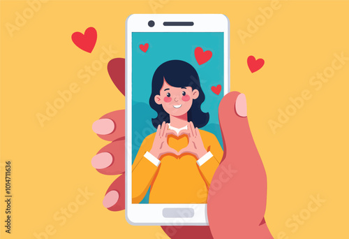 Woman Making Heart Shape with Hands on Phone Screen
