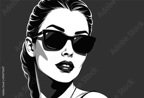 Woman in Sunglasses, Black and White Illustration 
