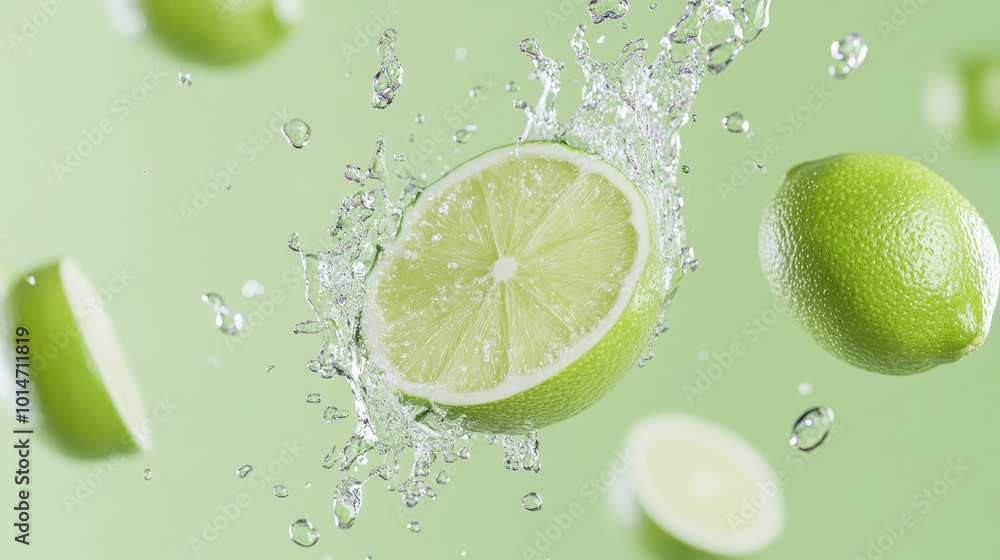 Fresh lime slices splash into water, creating refreshing scene filled with vibrant green hues. dynamic movement captures essence of citrus and hydration Fresh lime slices splash into water, creating refreshing scene filled with vibrant green hues. dynamic movement captures essence of citrus and hydration