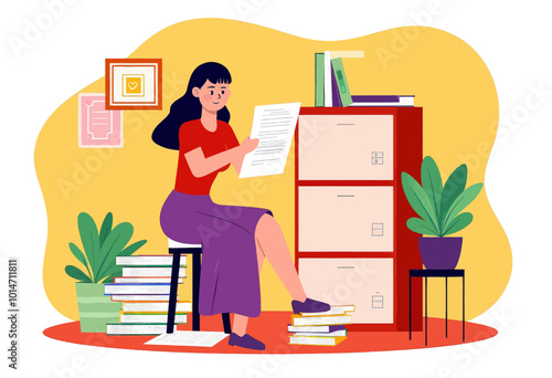 Woman Reading Document in Home Office 
